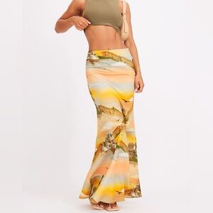 Orange Sunset Printed Linen Maxi Skirt - Multicolor